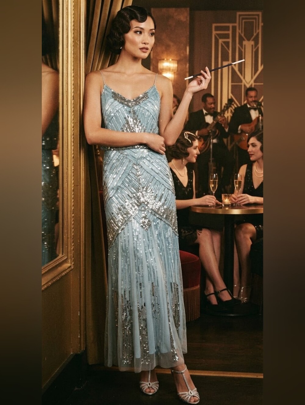 Aidan Mattox Powder Blue Beaded Gatsby Maxi Dress